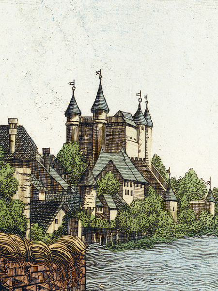 Illustration : Castello di Grandson, Antonio Sasso (eau-forte coloriée), dans Il Costume Antico e Moderno de Giulio Ferrario, Florence, 1837.